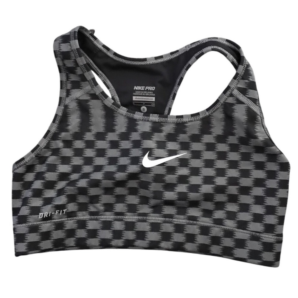 Nike Pro Women's Sports Bra Gray Checkered Dri-Fit Racerback Activewear